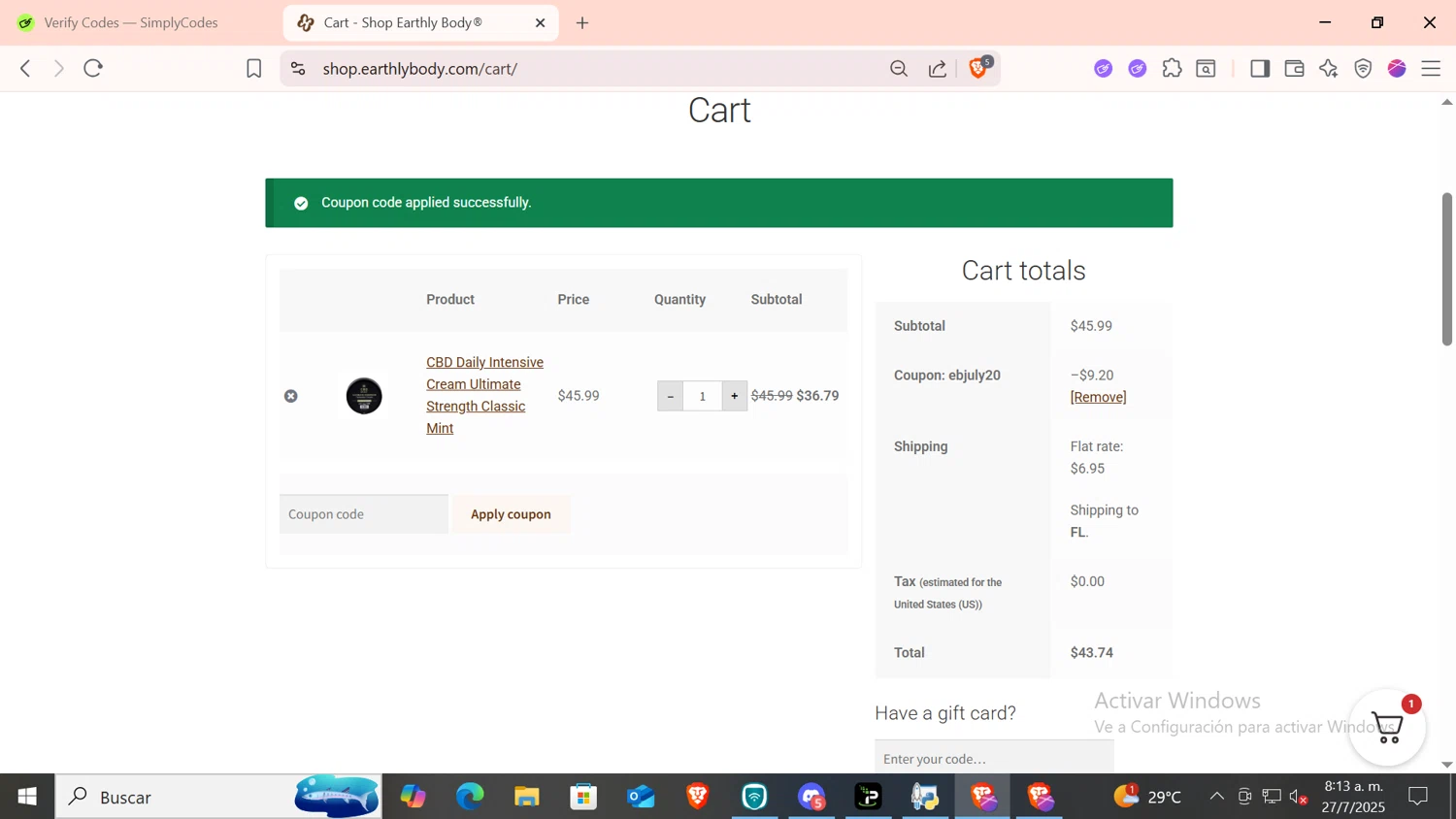 Earthly Body coupon code screenshot showing code EARTHLY10 applied at Earthly Body checkout page. Uploaded by SimplyCodes community member CODMOBILE1 on Jul 27, 2025
