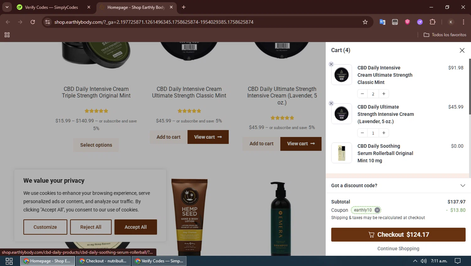 Earthly Body coupon code screenshot showing code EARTHLY10 applied at Earthly Body checkout page. Uploaded by SimplyCodes community member SavingsBoss991 on Sep 23, 2025