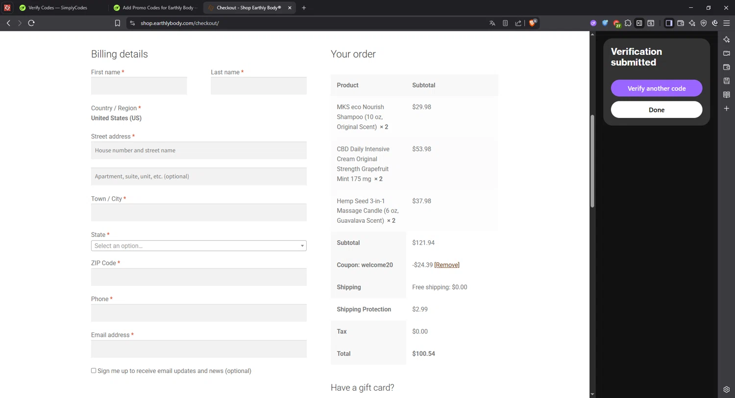 Earthly Body coupon code screenshot showing code welcome20 applied at Earthly Body checkout page. Uploaded by SimplyCodes community member Angel14 on Jul 27, 2025