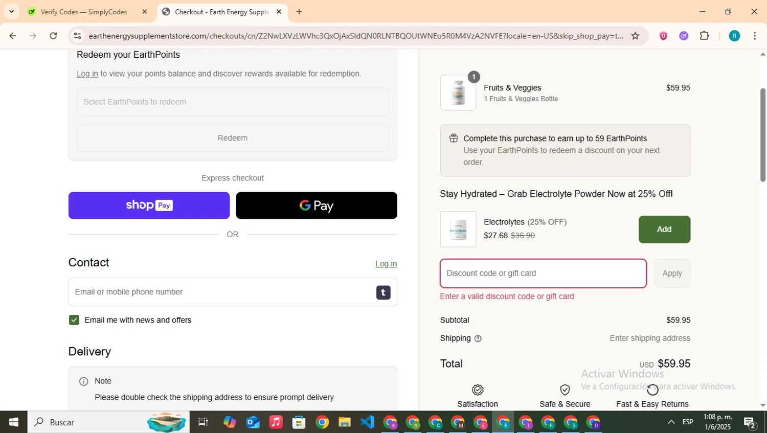 Earth Energy Supplements discount code screenshot showing code SMS10 applied at Earth Energy Supplements checkout page. Uploaded by SimplyCodes community member BudgetHero4407 on Jun 1, 2025