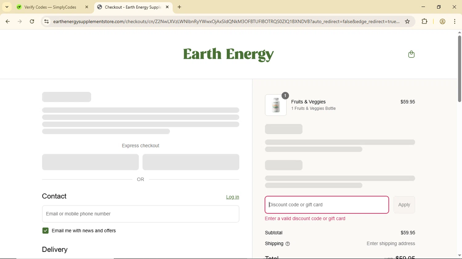Earth Energy Supplements discount code screenshot showing code SMS10 applied at Earth Energy Supplements checkout page. Uploaded by SimplyCodes community member Luisitoxd12 on Jun 1, 2025