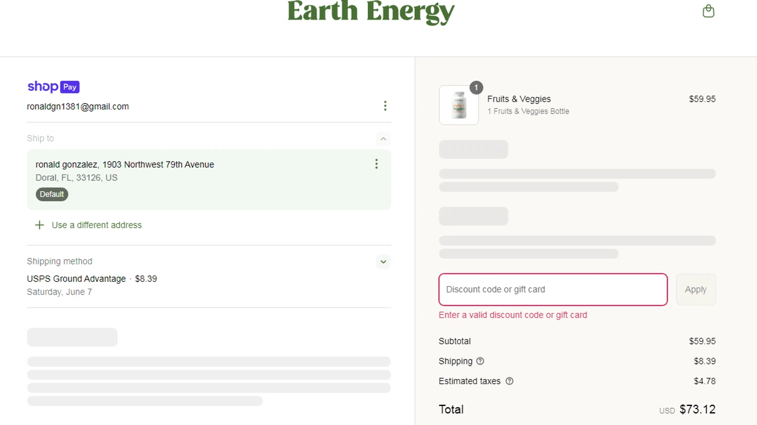 Earth Energy Supplements discount code screenshot showing code SMS10 applied at Earth Energy Supplements checkout page. Uploaded by SimplyCodes community member Yuskeilyn20 on Jun 1, 2025