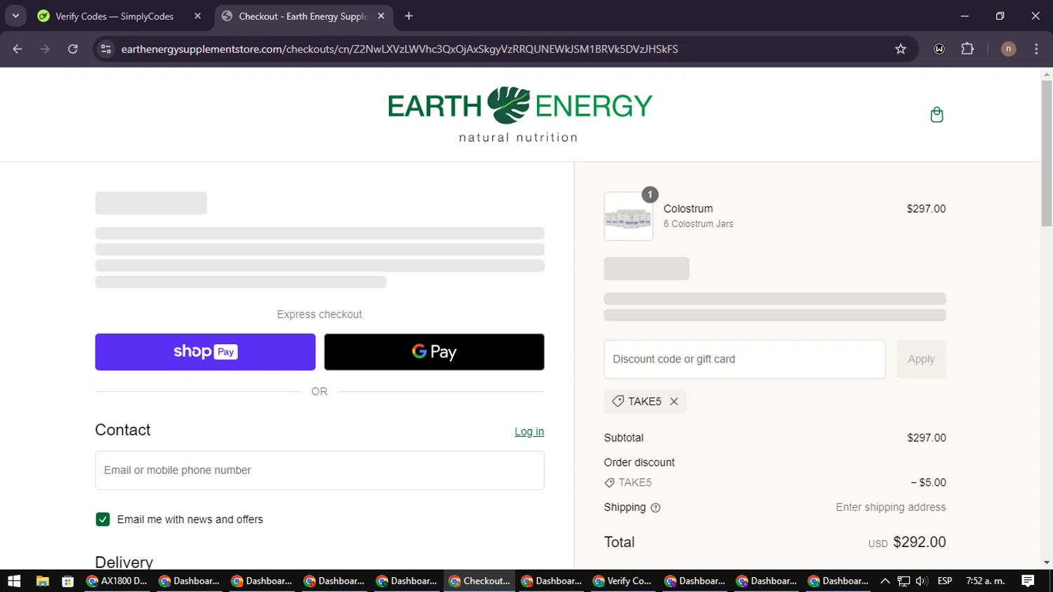 Earth Energy Supplements discount code screenshot showing code Take5 applied at Earth Energy Supplements checkout page. Uploaded by SimplyCodes community member SmartWarden8713 on Jan 8, 2025