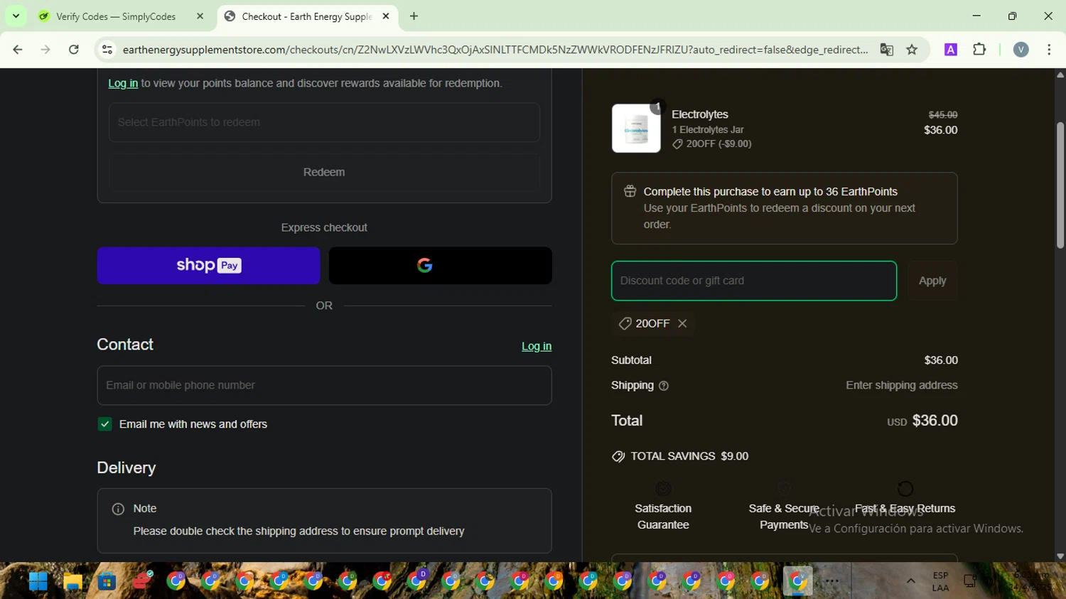 Earth Energy Supplements discount code screenshot showing code 20OFF applied at Earth Energy Supplements checkout page. Uploaded by SimplyCodes community member SwiftScout1619 on Apr 24, 2025