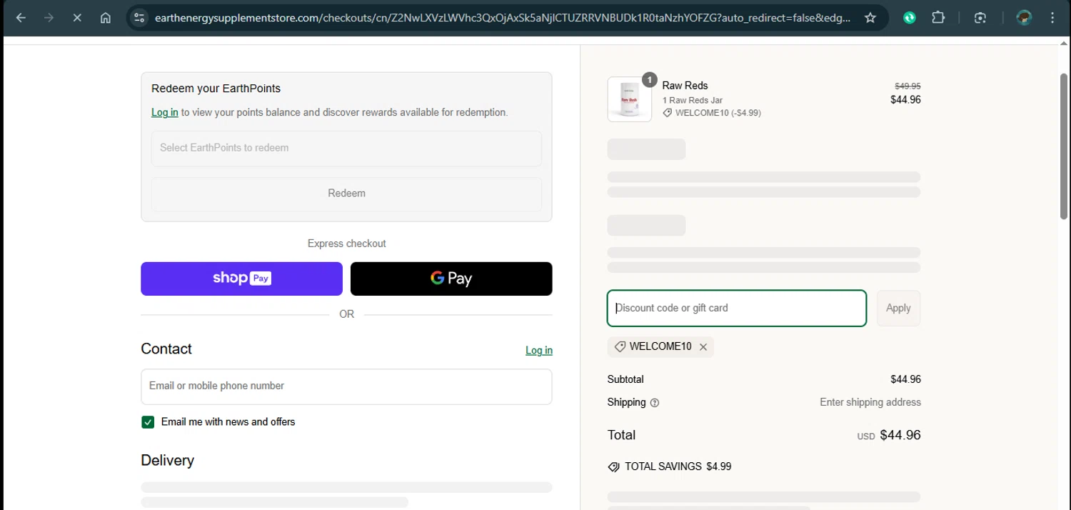Earth Energy Supplements discount code screenshot showing code 20OFF applied at Earth Energy Supplements checkout page. Uploaded by SimplyCodes community member xAngel on Mar 10, 2025