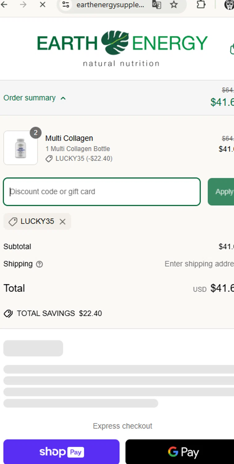Earth Energy Supplements discount code screenshot showing code LUCKY35 applied at Earth Energy Supplements checkout page. Uploaded by SimplyCodes community member carloschacin on Mar 15, 2025