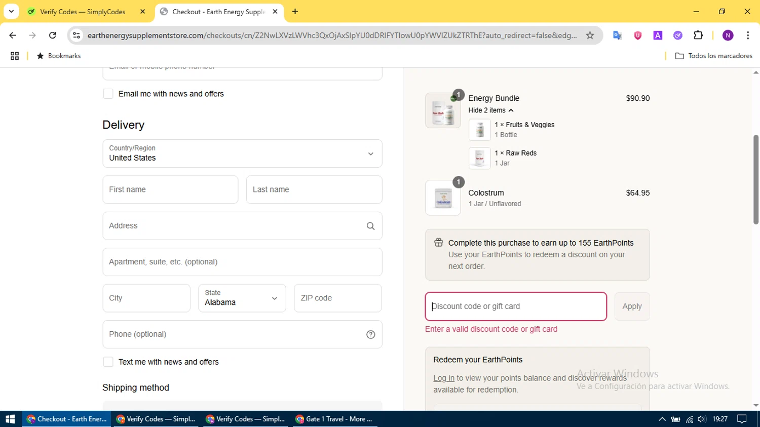 Earth Energy Supplements discount code screenshot showing code FREEDOM25 applied at Earth Energy Supplements checkout page. Uploaded by SimplyCodes community member CleverCurator2158 on Jul 11, 2025