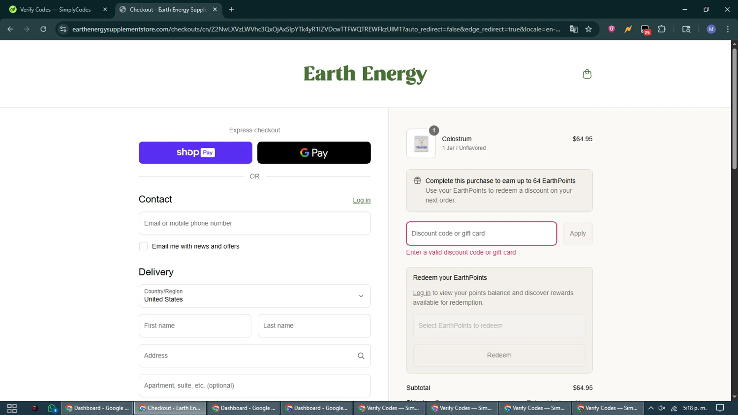Earth Energy Supplements discount code screenshot showing code FREEDOM25 applied at Earth Energy Supplements checkout page. Uploaded by SimplyCodes community member VoucherCurator824 on Jul 11, 2025