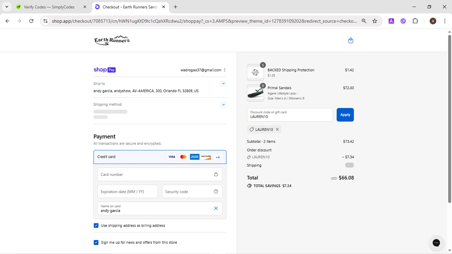 Earth Runners discount code screenshot showing code LAUREN10 applied at Earth Runners checkout page. Uploaded by SimplyCodes community member CodeMaverick246 on Aug 17, 2025