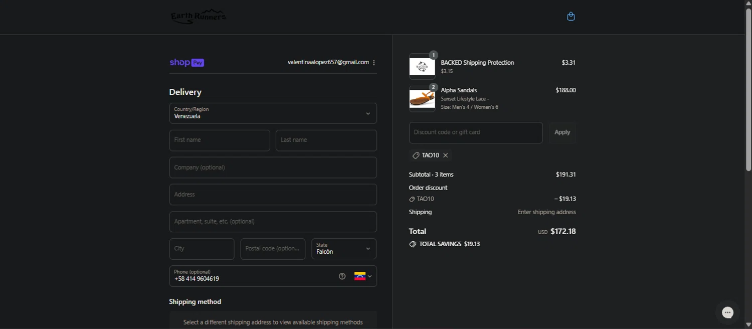 Earth Runners discount code screenshot showing code TAO10 applied at Earth Runners checkout page. Uploaded by SimplyCodes community member Nicoletorres on Aug 17, 2025