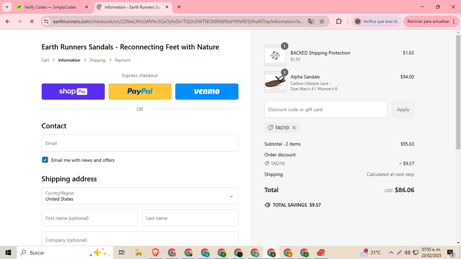 Earth Runners discount code screenshot showing code TAO10 applied at Earth Runners checkout page. Uploaded by SimplyCodes community member DiscountDefender1226 on Feb 23, 2025
