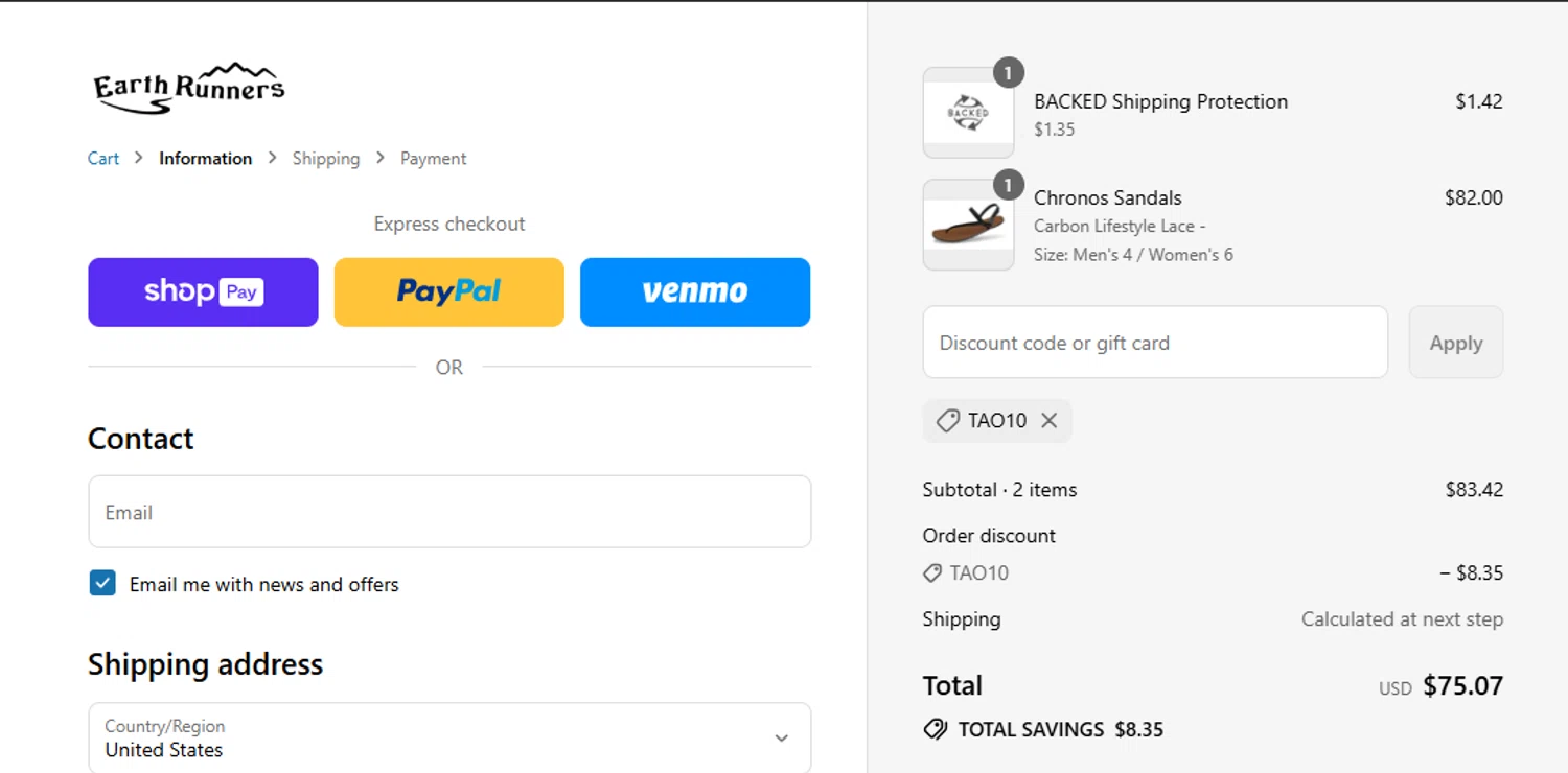 Earth Runners discount code screenshot showing code TAO10 applied at Earth Runners checkout page. Uploaded by SimplyCodes community member leiraM on Jul 10, 2025