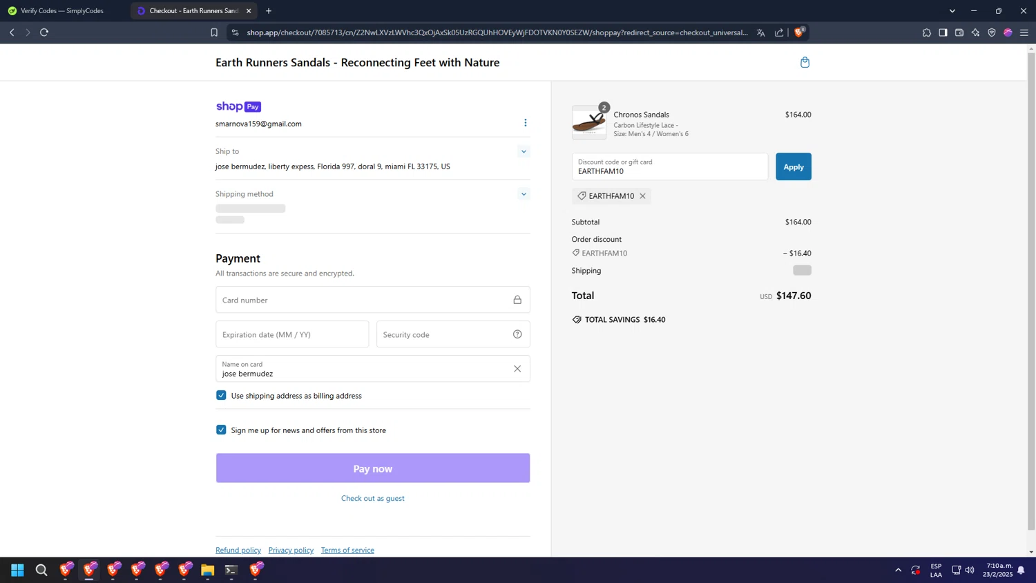 Earth Runners discount code screenshot showing code EARTHFAM10 applied at Earth Runners checkout page. Uploaded by SimplyCodes community member PrimeAce5385 on Feb 23, 2025