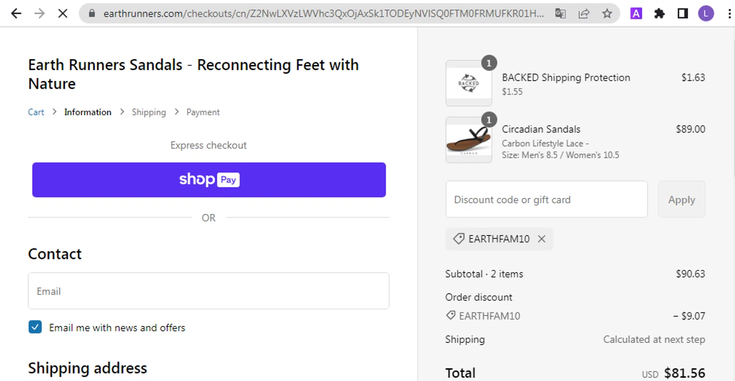 Earth Runners discount code screenshot showing code EARTHFAM10 applied at Earth Runners checkout page. Uploaded by SimplyCodes community member NobleKnight286 on Feb 23, 2025