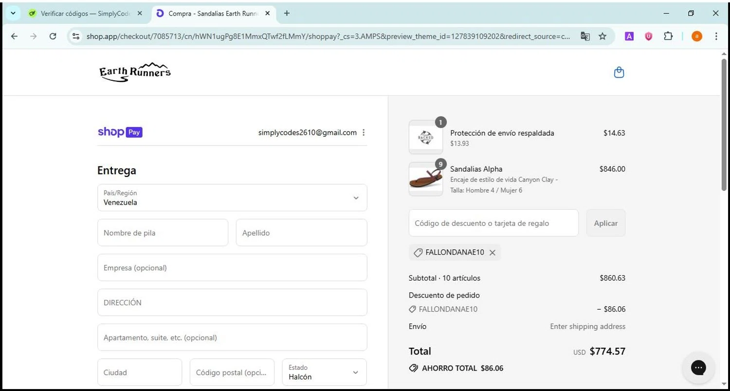 Earth Runners discount code screenshot showing code FALLONDANAE10 applied at Earth Runners checkout page. Uploaded by SimplyCodes community member David81 on Aug 17, 2025