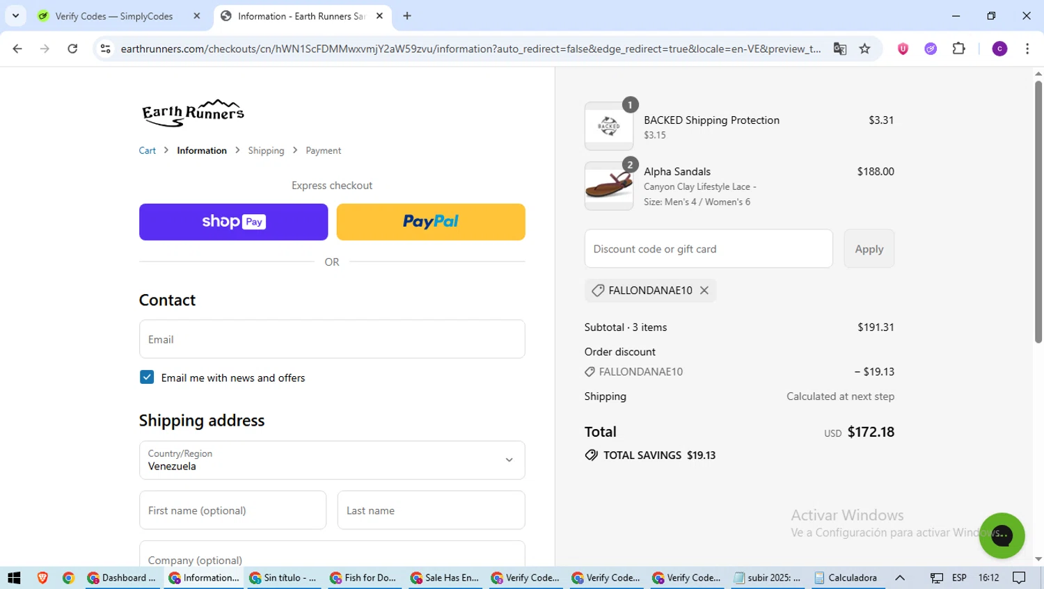 Earth Runners discount code screenshot showing code FALLONDANAE10 applied at Earth Runners checkout page. Uploaded by SimplyCodes community member SavingsWarden1053 on Aug 5, 2025