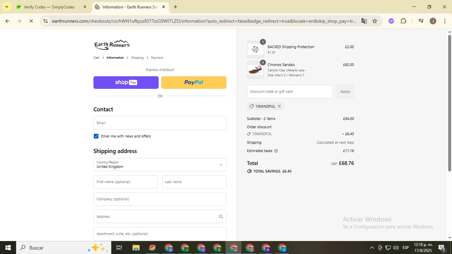 Earth Runners discount code screenshot showing code 10mindful applied at Earth Runners checkout page. Uploaded by SimplyCodes community member ValiantHero2365 on Aug 17, 2025