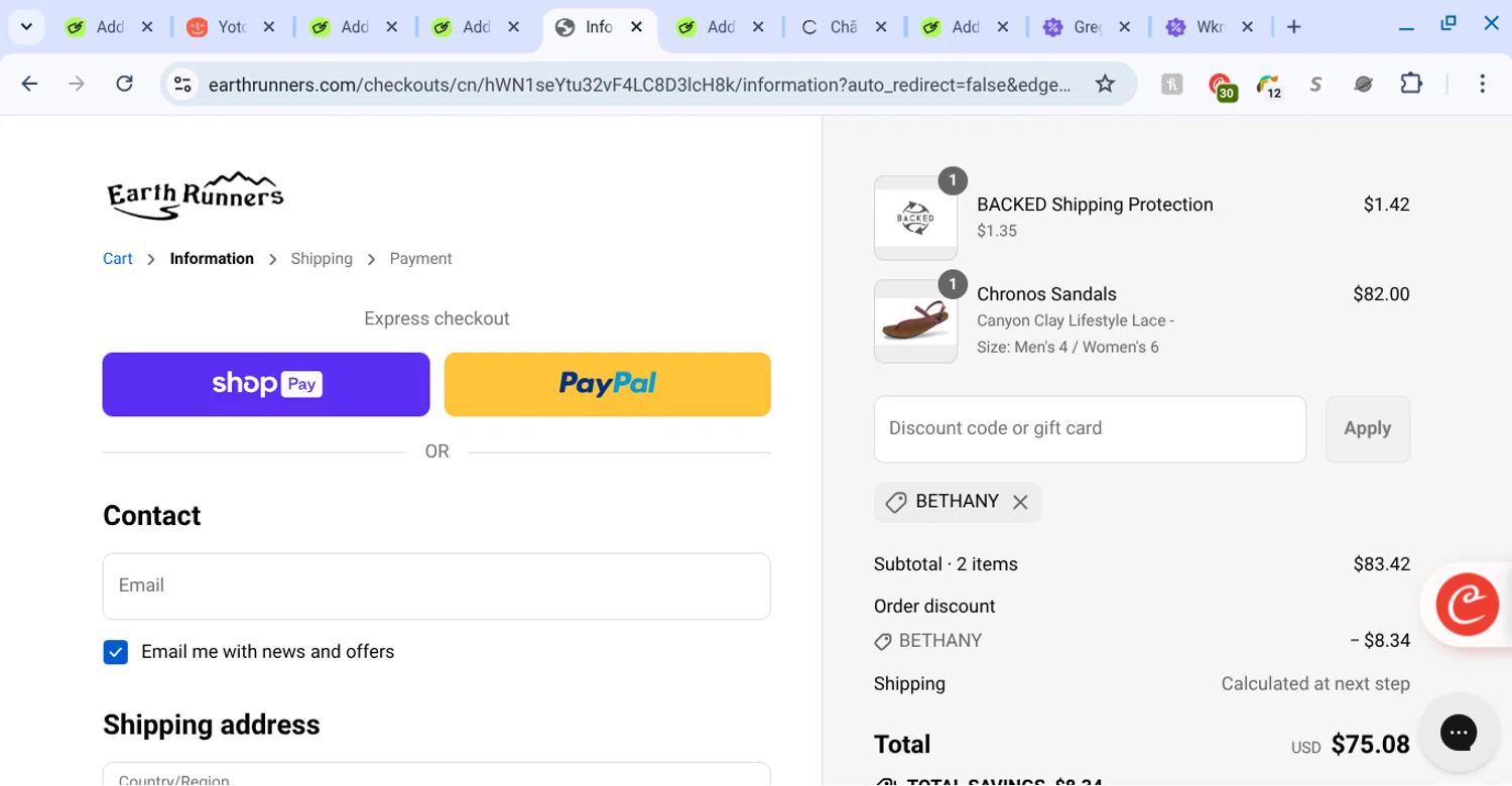 Earth Runners discount code screenshot showing code bethany applied at Earth Runners checkout page. Uploaded by SimplyCodes community member KarinaHZ on Aug 16, 2025