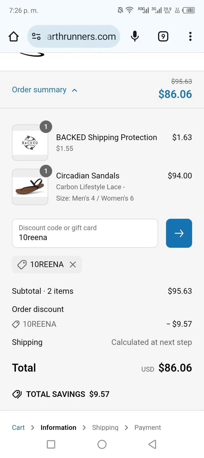 Earth Runners discount code screenshot showing code 10reena applied at Earth Runners checkout page. Uploaded by SimplyCodes community member shark12 on Apr 13, 2025