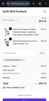 EARTHPRODUCTS coupon verification screenshot