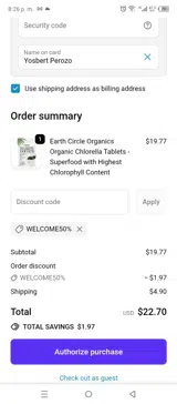 WELCOME50% coupon verification screenshot
