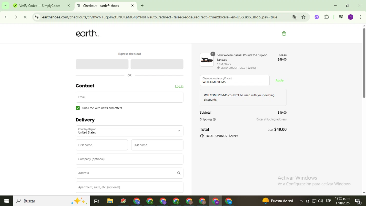 Earth Shoes discount code screenshot showing code WELCOME20SMS applied at Earth Shoes checkout page. Uploaded by SimplyCodes community member QuestOwl9632 on Aug 17, 2025