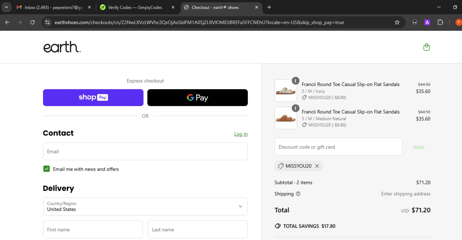 Earth Shoes discount code screenshot showing code MISSYOU20 applied at Earth Shoes checkout page. Uploaded by SimplyCodes community member Eminem on May 29, 2025