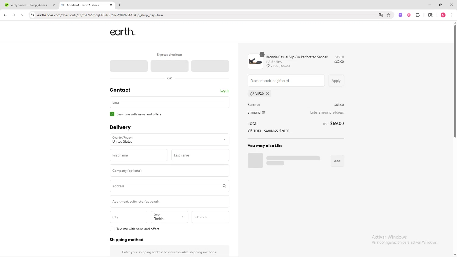 Earth Shoes discount code screenshot showing code Vip20 applied at Earth Shoes checkout page. Uploaded by SimplyCodes community member CBR600 on Aug 23, 2025