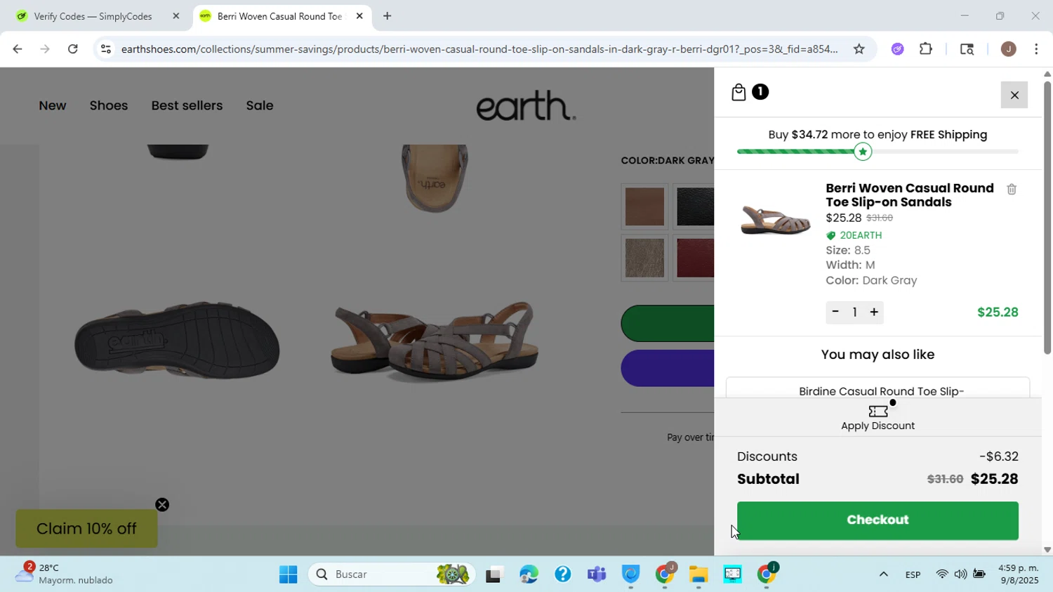 Earth Shoes discount code screenshot showing code 20EARTH applied at Earth Shoes checkout page. Uploaded by SimplyCodes community member ABHF23 on Aug 9, 2025