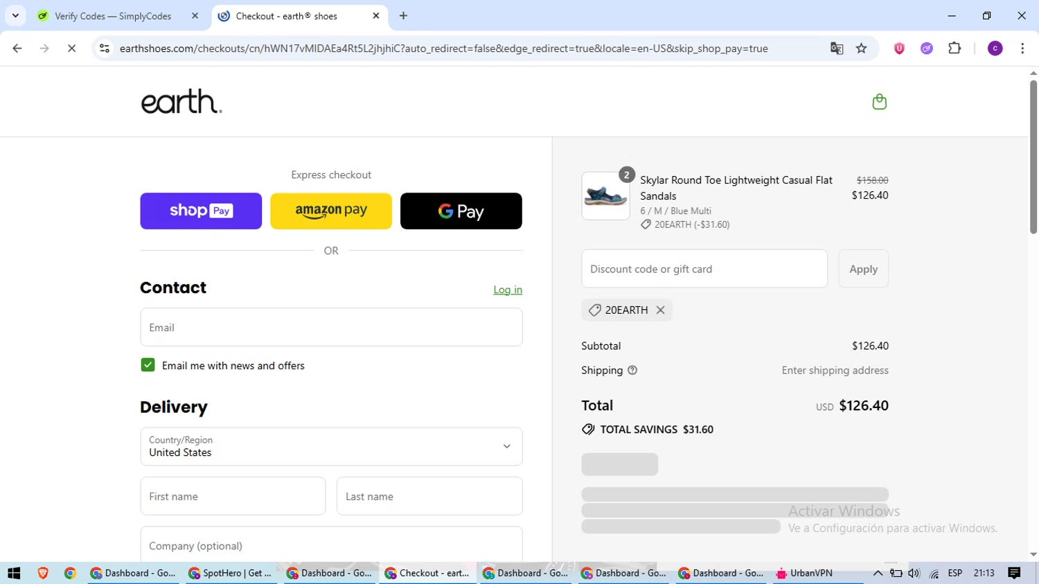 Earth Shoes discount code screenshot showing code 20EARTH applied at Earth Shoes checkout page. Uploaded by SimplyCodes community member SavingsWarden1053 on Jul 28, 2025