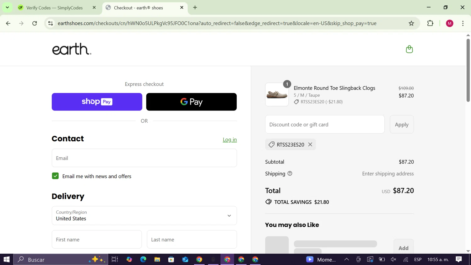 Earth Shoes discount code screenshot showing code RTSS23ES20 applied at Earth Shoes checkout page. Uploaded by SimplyCodes community member CouponAce9216 on Jul 19, 2025