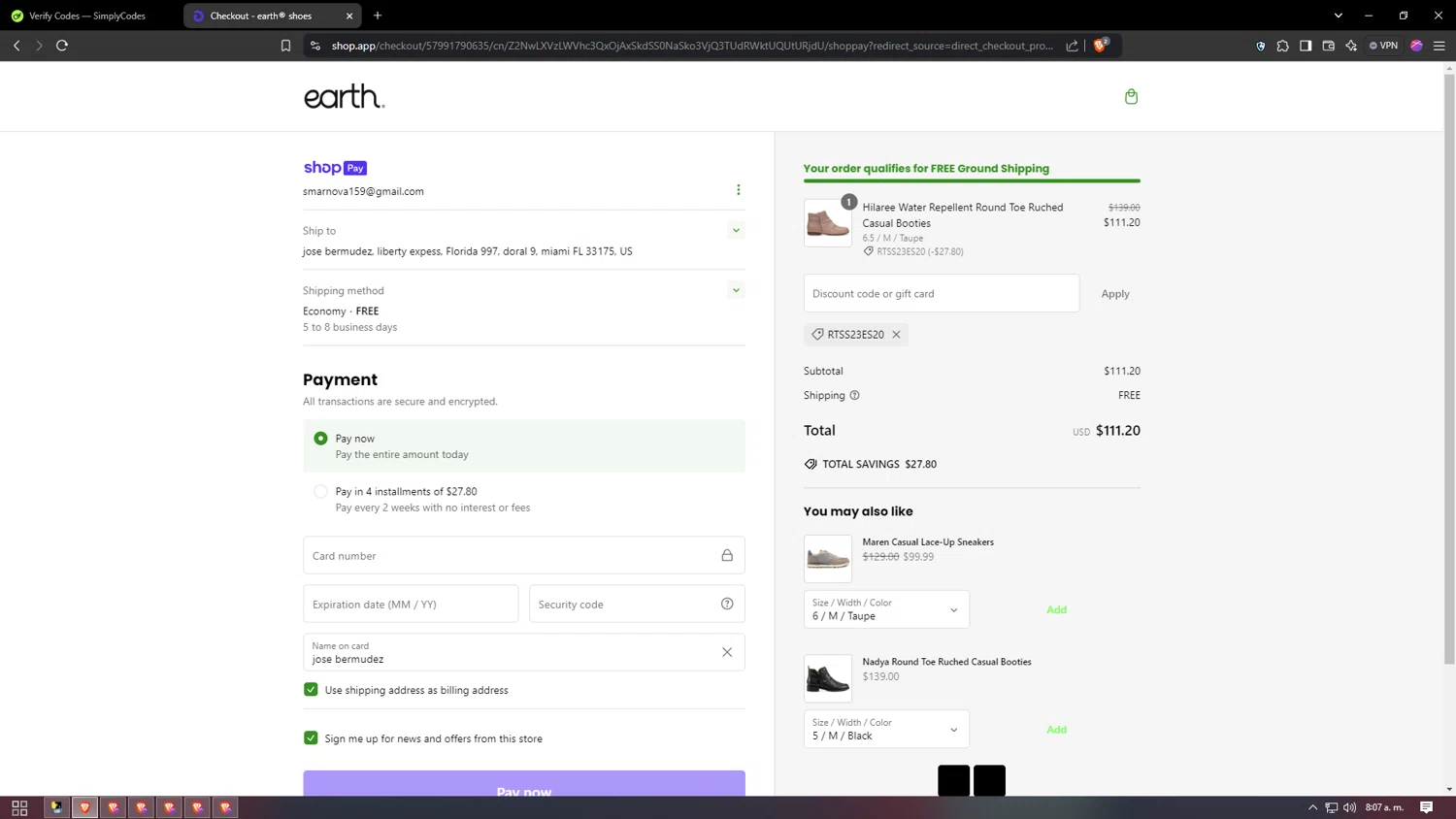 Earth Shoes discount code screenshot showing code RTSS23ES20 applied at Earth Shoes checkout page. Uploaded by SimplyCodes community member PrimeMaverick6651 on Jan 4, 2025