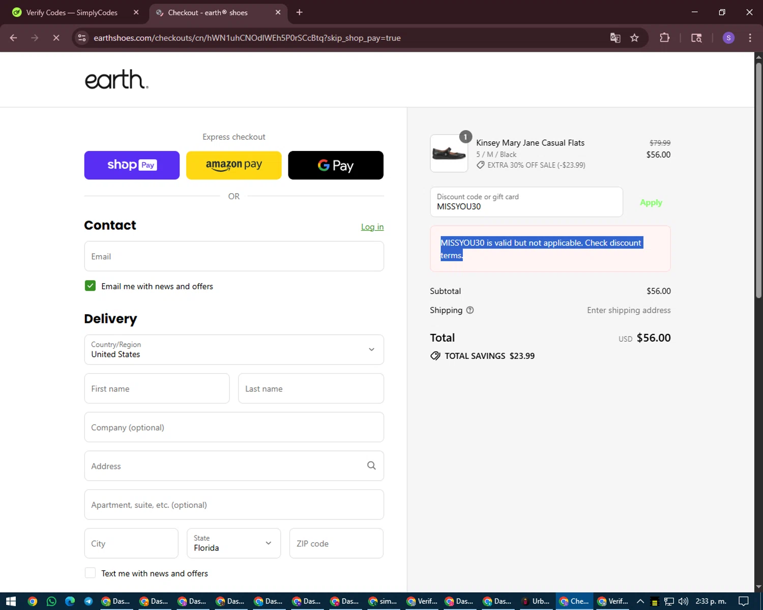 Earth Shoes discount code screenshot showing code MISSYOU30 applied at Earth Shoes checkout page. Uploaded by SimplyCodes community member LuckyVoyager688 on Aug 17, 2025