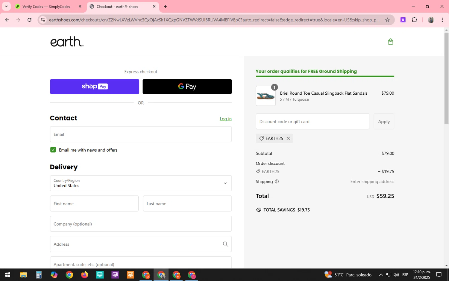 Earth Shoes discount code screenshot showing code EARTH25 applied at Earth Shoes checkout page. Uploaded by SimplyCodes community member SARAI13 on Feb 24, 2025