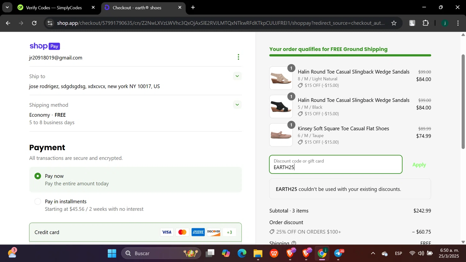 Earth Shoes discount code screenshot showing code EARTH25 applied at Earth Shoes checkout page. Uploaded by SimplyCodes community member hanzell03 on Mar 25, 2025