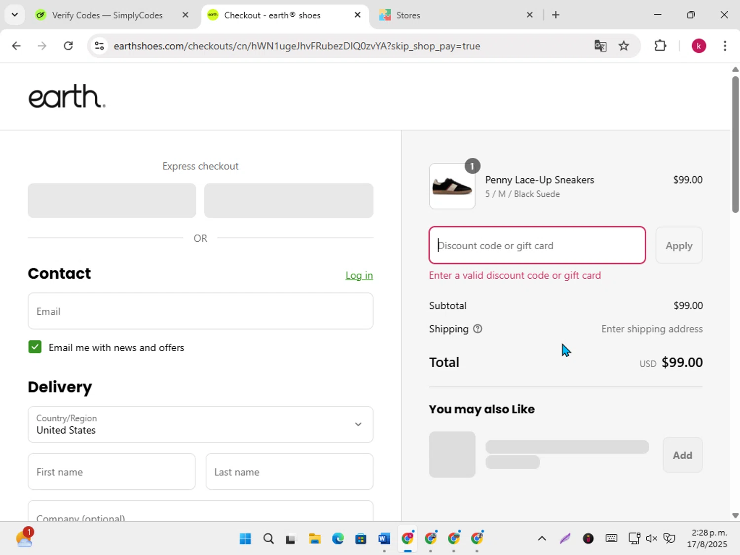 Earth Shoes discount code screenshot showing code Savegreen25 applied at Earth Shoes checkout page. Uploaded by SimplyCodes community member karoline on Aug 17, 2025