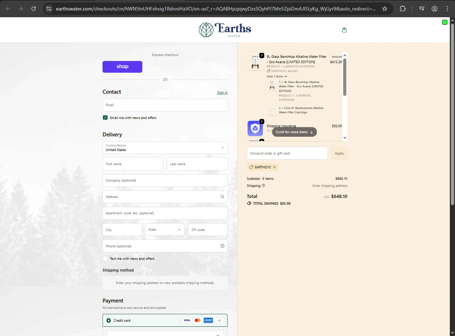 Earths Water promo code screenshot showing code EARTHS10 applied at Earths Water checkout page. Uploaded by SimplyCodes community member luffyreturn on Nov 30, 2025
