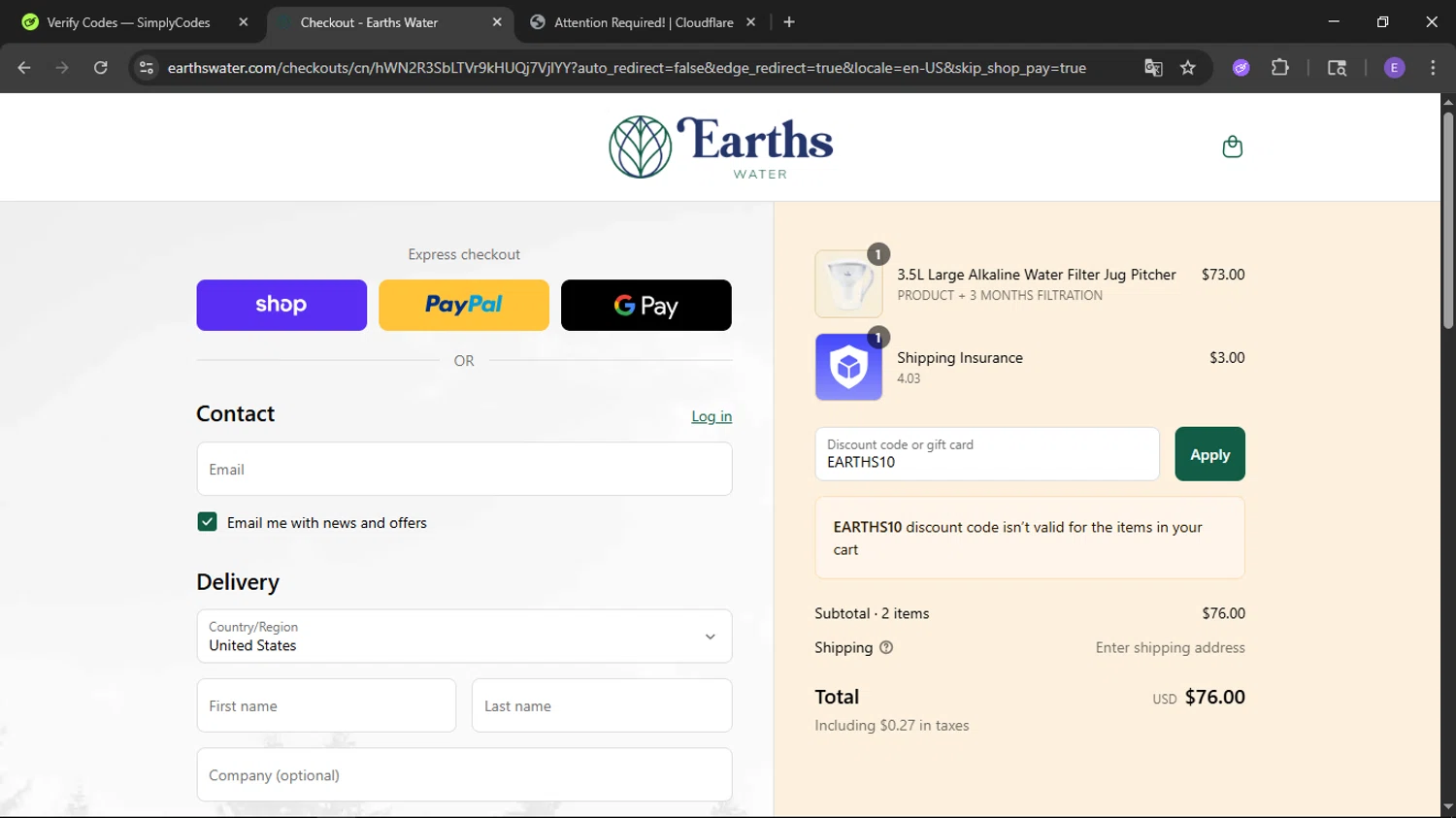 Earths Water promo code screenshot showing code EARTHS10 applied at Earths Water checkout page. Uploaded by SimplyCodes community member satoru on Aug 31, 2025
