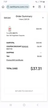 BEET25 coupon verification screenshot