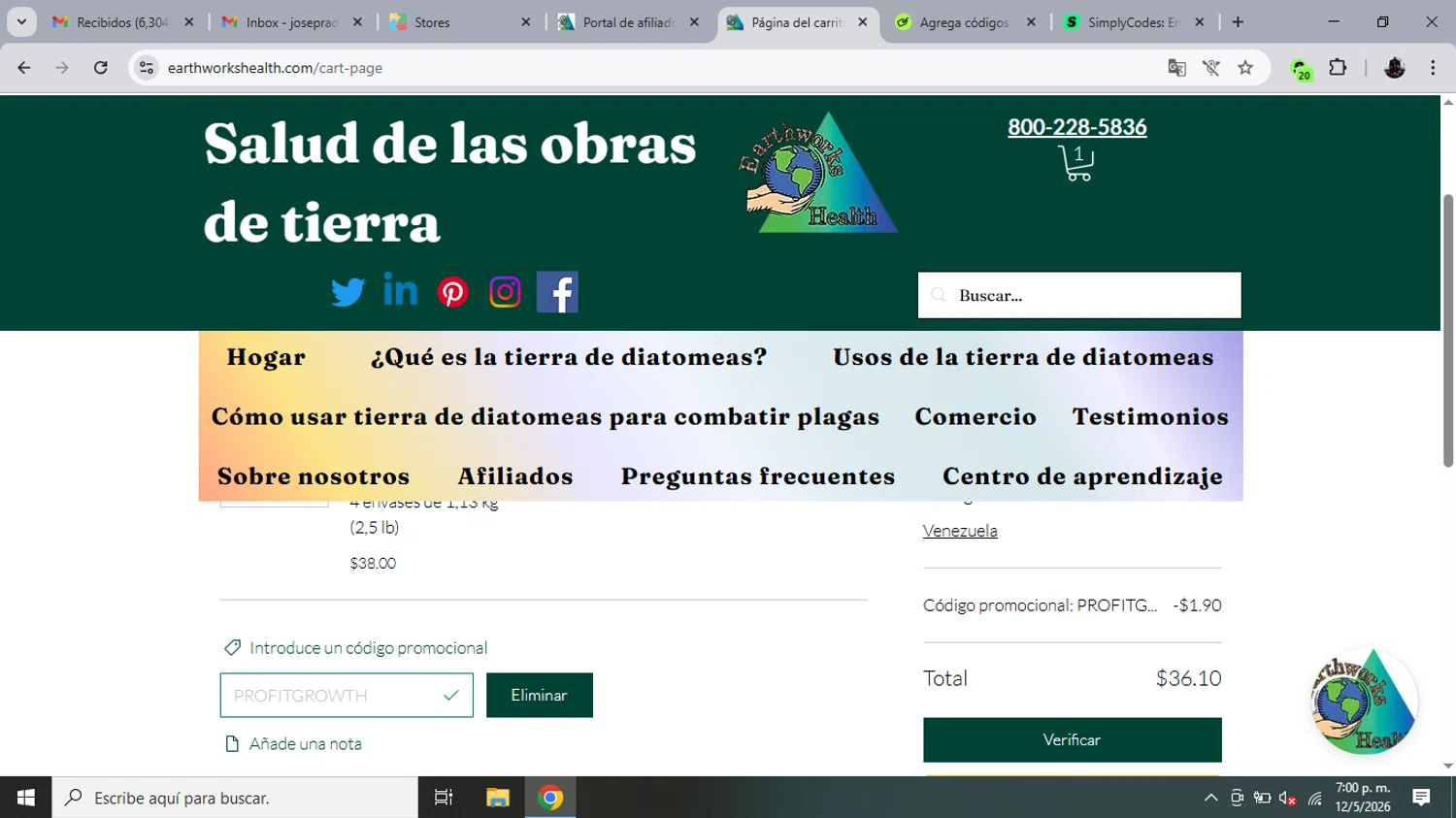 Earthworks Health promo code screenshot showing code PROFITGROWTH applied at Earthworks Health checkout page. Uploaded by SimplyCodes community member capitanamerica on May 12, 2026