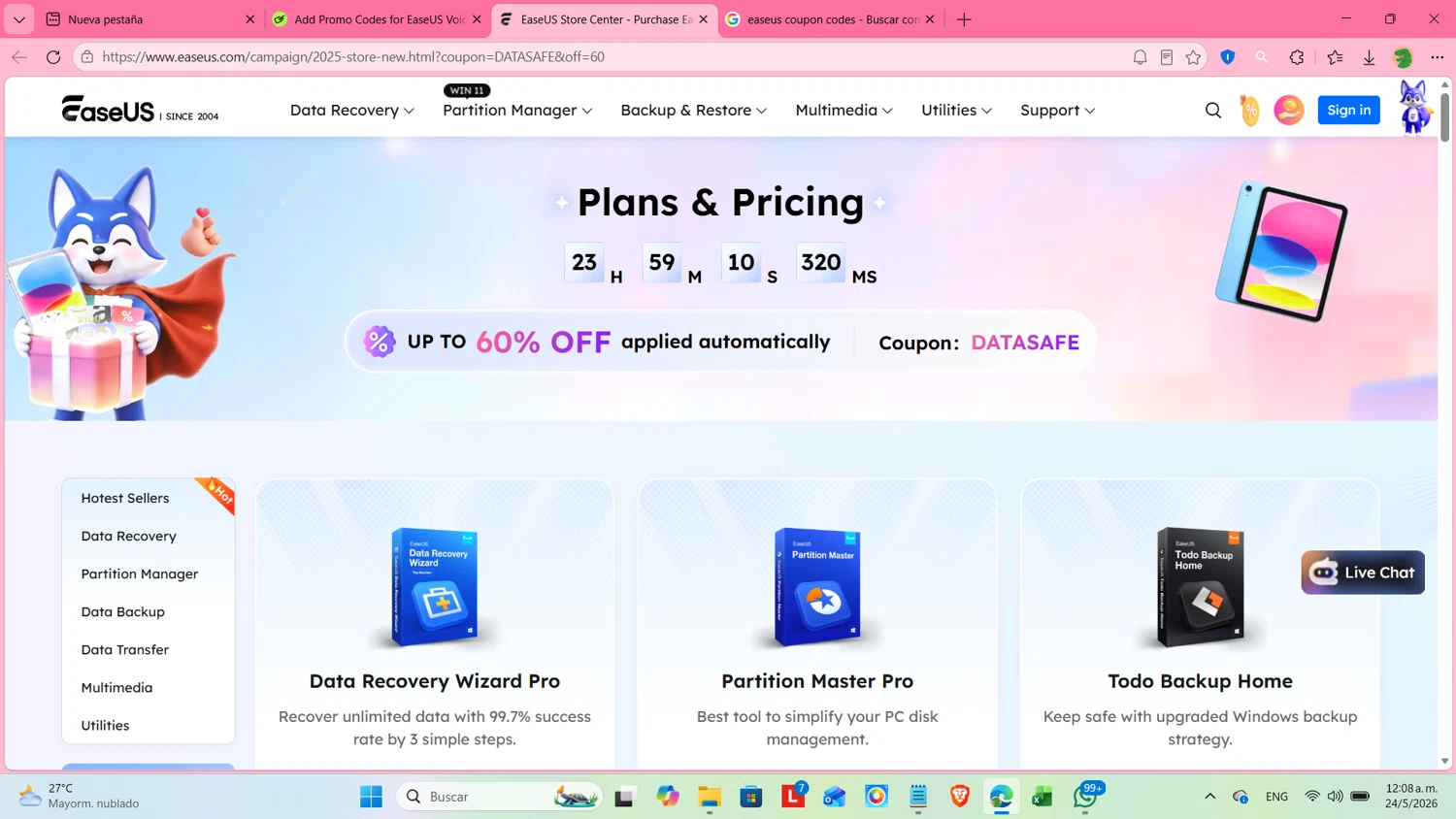EaseUS VoiceWave promo code screenshot showing code DATASAFE applied at EaseUS VoiceWave checkout page. Uploaded by SimplyCodes community member cosita on May 24, 2026