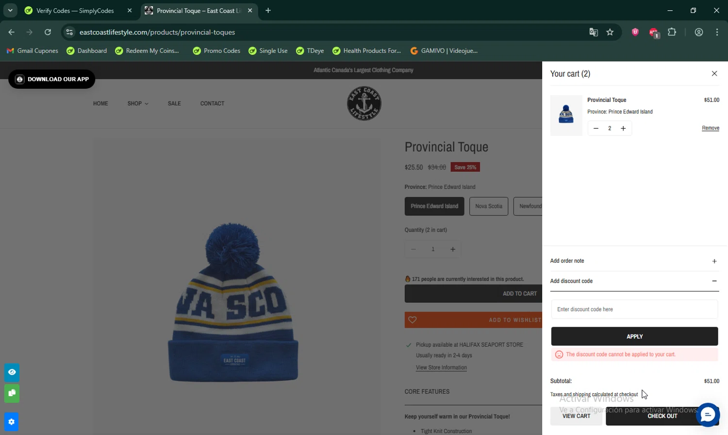 East Coast Lifestyle promo code screenshot showing code WELCOME10 applied at East Coast Lifestyle checkout page. Uploaded by SimplyCodes community member LHaunter on Nov 24, 2025