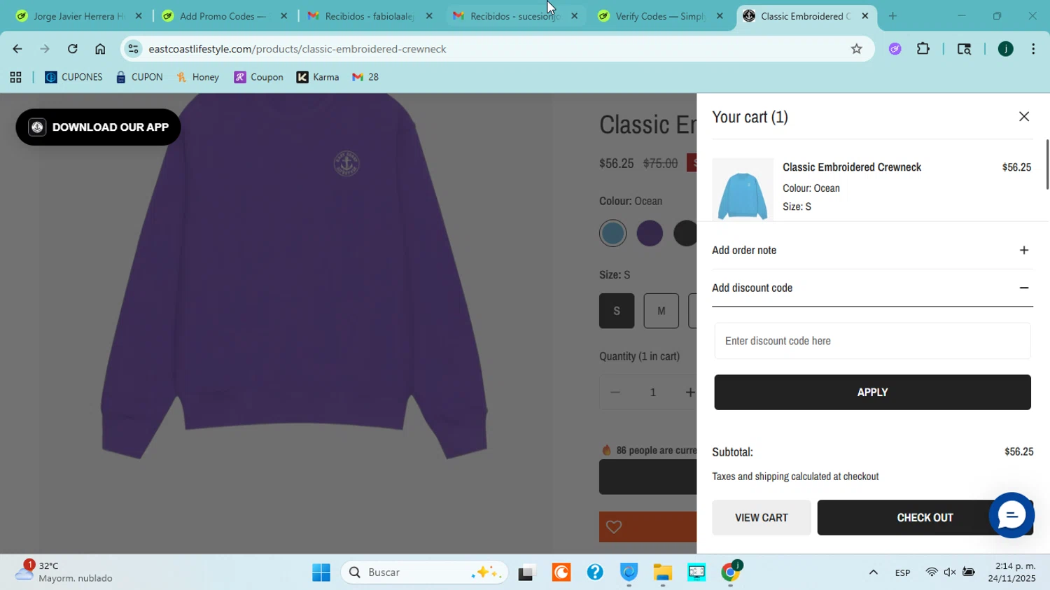 East Coast Lifestyle promo code screenshot showing code WELCOME10 applied at East Coast Lifestyle checkout page. Uploaded by SimplyCodes community member jorgejavierherrera on Nov 24, 2025