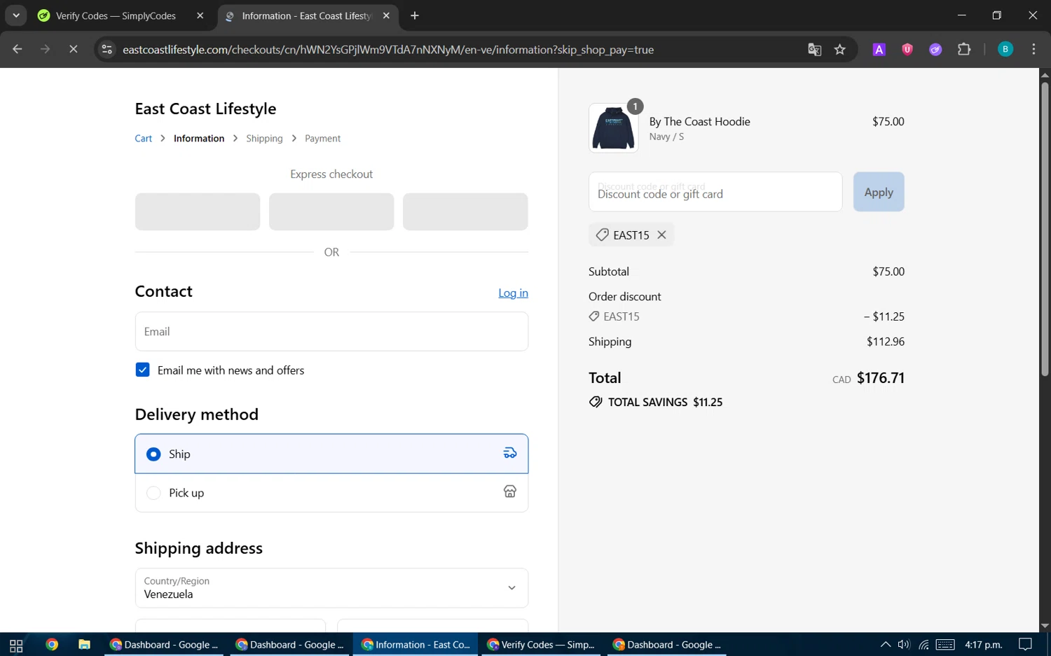East Coast Lifestyle promo code screenshot showing code EAST15 applied at East Coast Lifestyle checkout page. Uploaded by SimplyCodes community member CleverPilot5845 on Sep 3, 2025