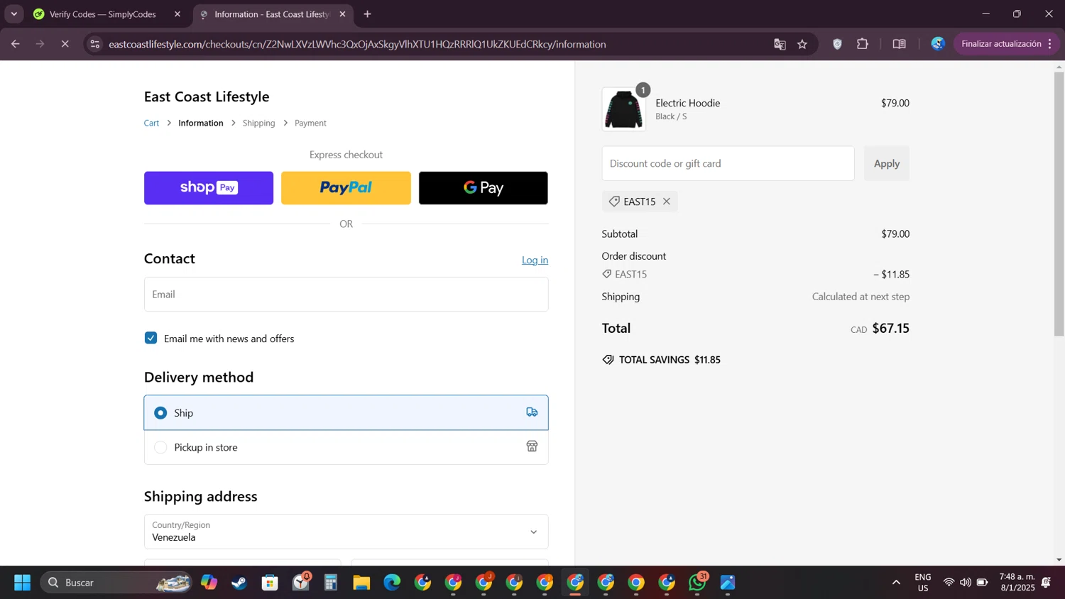 East Coast Lifestyle promo code screenshot showing code EAST15 applied at East Coast Lifestyle checkout page. Uploaded by SimplyCodes community member VictoriousPioneer4638 on Jan 8, 2025