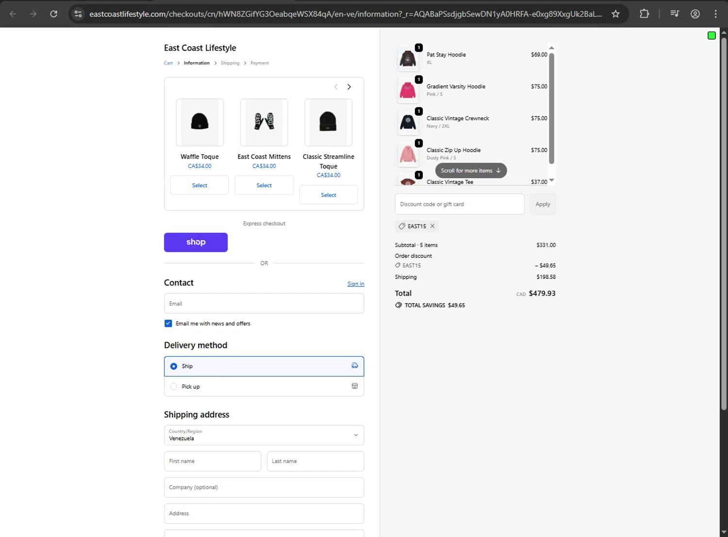 East Coast Lifestyle checkout page showing East Coast Lifestyle promo code box | Screenshot taken by SimplyCodes community member on Feb 9, 2026