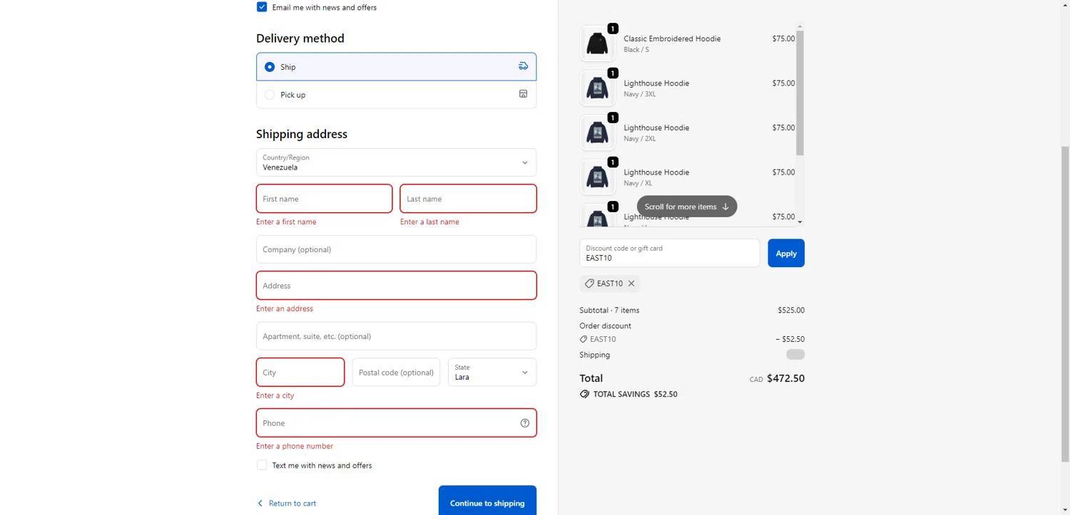 East Coast Lifestyle promo code screenshot showing code EAST10 applied at East Coast Lifestyle checkout page. Uploaded by SimplyCodes community member TreasureKnight4134 on Nov 9, 2025