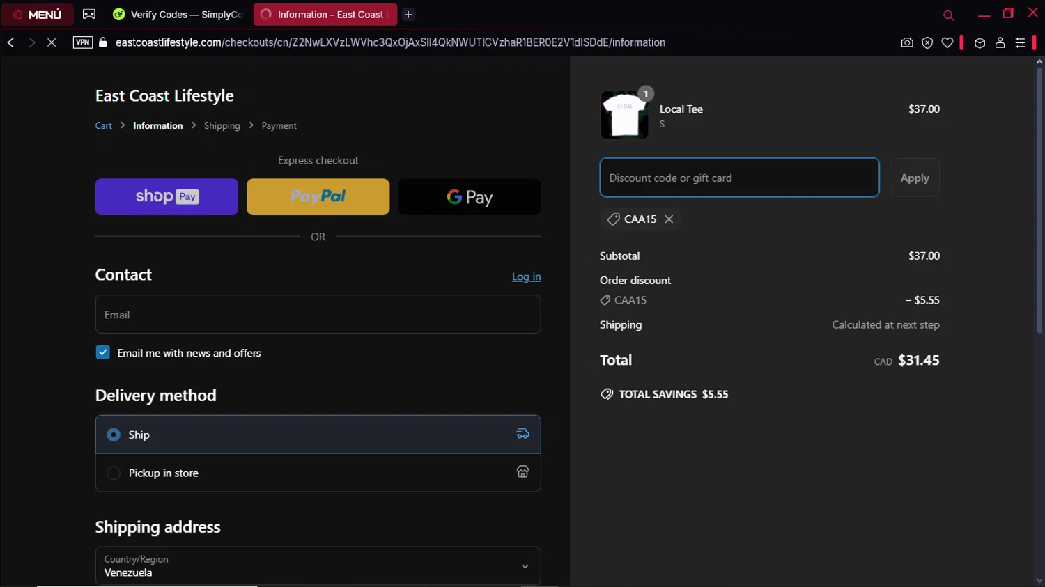 East Coast Lifestyle promo code screenshot showing code CAA15 applied at East Coast Lifestyle checkout page. Uploaded by SimplyCodes community member KeiJJ18 on Apr 7, 2025