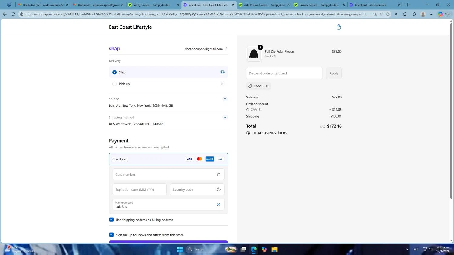 East Coast Lifestyle promo code screenshot showing code CAA15 applied at East Coast Lifestyle checkout page. Uploaded by SimplyCodes community member Mdeoca on Jan 17, 2026