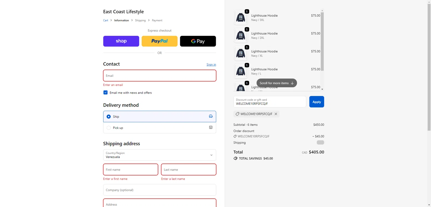 East Coast Lifestyle promo code screenshot showing code WELCOME10RPSFCQJF applied at East Coast Lifestyle checkout page. Uploaded by SimplyCodes community member NobleMaestro6498 on Nov 9, 2025